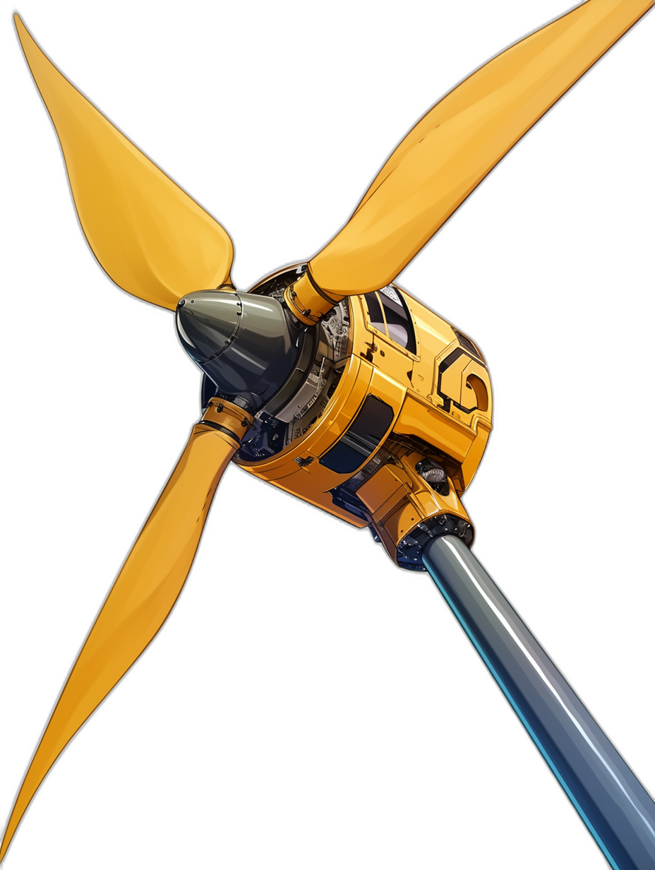 illustration of a yellow flying wind turbine with blue blades, in the style of anime, against a solid black background, from a low angle view, with high resolution, high quality, and high detail