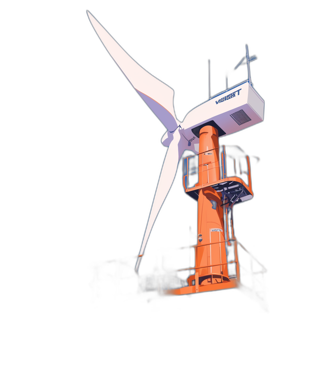 White wind turbine with orange accessories on the tower, illuminated in the style of bright white light and dark black background, 3D rendering of “VCharts” logo, orange color scheme, minimalist style, black sky, white paper texture, top view angle, perspective composition, sharp focus, and high resolution details.