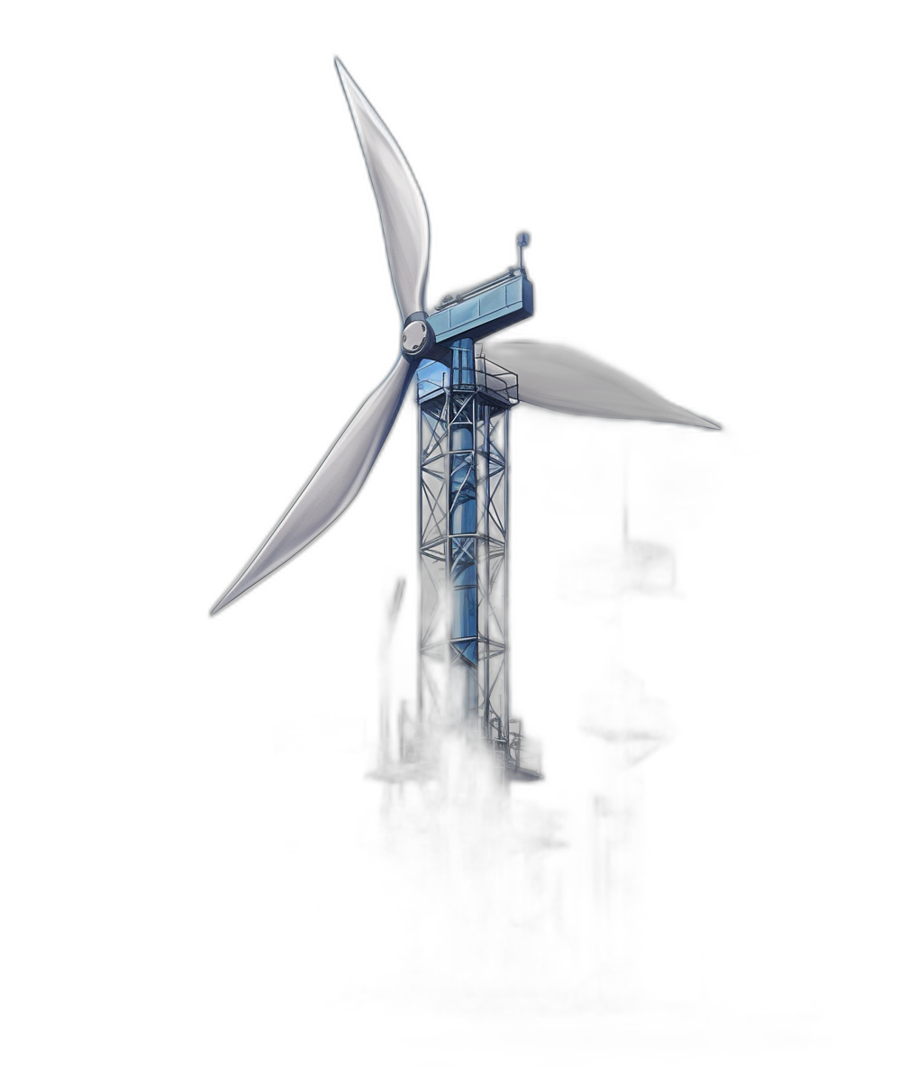 A wind turbine with white blades against a black background, in the style of cartoon, 2D game art, high resolution, with a blue and silver color scheme, closeup perspective, bright highlights, and sharp details.