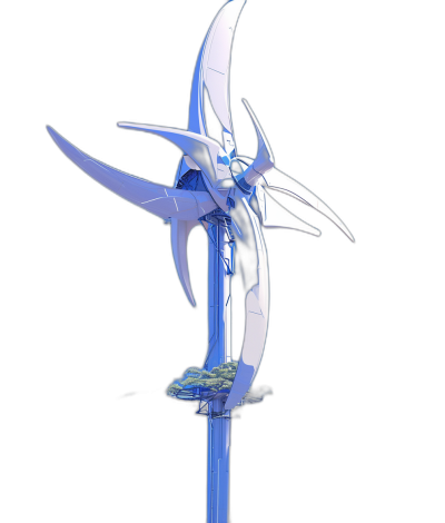 A futuristic wind turbine with five blades, designed in the style of [Katsuhiro Otomo](https://goo.gl/search?artist%20Katsuhiro%20Otomo)'s Akira. The blade is made from white and blue glass-like material, featuring intricate details that resemble organic shapes. It stands on an isolated black background, illuminated by bright studio lighting that highlights its sleek design. A small floating platform for people to stand or lie offers panoramic views over greenery and buildings below.