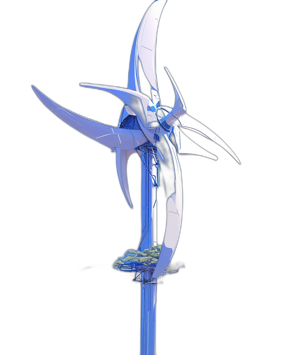 A futuristic wind turbine with five blades, designed in the style of [Katsuhiro Otomo](https://goo.gl/search?artist%20Katsuhiro%20Otomo)’s Akira. The blade is made from white and blue glass-like material, featuring intricate details that resemble organic shapes. It stands on an isolated black background, illuminated by bright studio lighting that highlights its sleek design. A small floating platform for people to stand or lie offers panoramic views over greenery and buildings below.