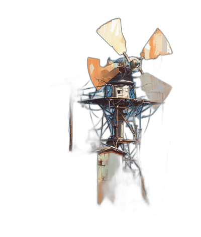 a digital painting of an old windmill in the style of [Greg Rutkowski](https://goo.gl/search?artist%20Greg%20Rutkowski), on black background, with visible brush strokes, using the rule of thirds composition technique, created by an artist called [WLOP](https://goo.gl/search?artist%20WLOP), low angle shot, has been painted over multiple times and is very distressed, seen from behind with a small amount of lighting coming through one fan blade, against a dark background, is very dark but there's still light shining on it