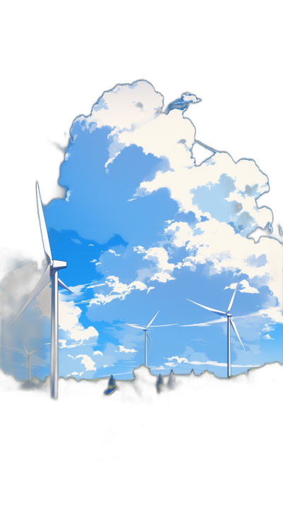 In the foreground, several wind turbines against a blue sky with white clouds. In the background there is darkness and black smoke. The illustration style should be cartoonish and simple. Use bright colors to highlight details of each object in the scene. Aesthetically pleasing, simple and minimalistic. The composition has a panoramic view.