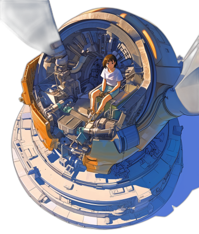 A girl sitting on top of an advanced space station, with blue and white colors in the style of [Katsuhiro Otomo](https://goo.gl/search?artist%20Katsuhiro%20Otomo)'s Akira anime, with a fisheye perspective, 2D vector art in a celshaded concept style.