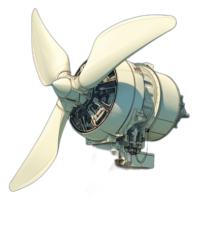 A white propeller engine with a translucent mechanical structure, isometric view, 3D rendering, black background, white lines, bluegreen tone, flying in the air, front light source, side perspective, mechanical sense of technology and science fiction, future spacecraft main drive system.