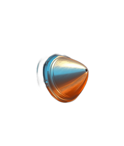 3d render of tiny cone shaped silver bullet with orange glow, floating in black background, minimalistic design, smooth and shiny, high resolution