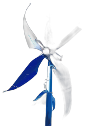 A wind turbine with blades made of blue crystal, spinning on a black background in a low angle shot with a simple and minimalistic style, high resolution product photography in the style of hyperrealism with a bright blue color tone in a front view with white light and a glass texture in a closeup with detailed details on a solid dark black background.