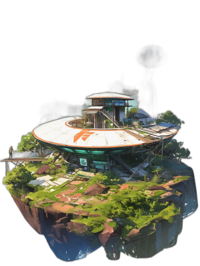 Concept art of the exterior of an underwater research station on top of a floating rock, with a green landscape and a white circular roof, floating in space against a black background, in the style of Fortnite.