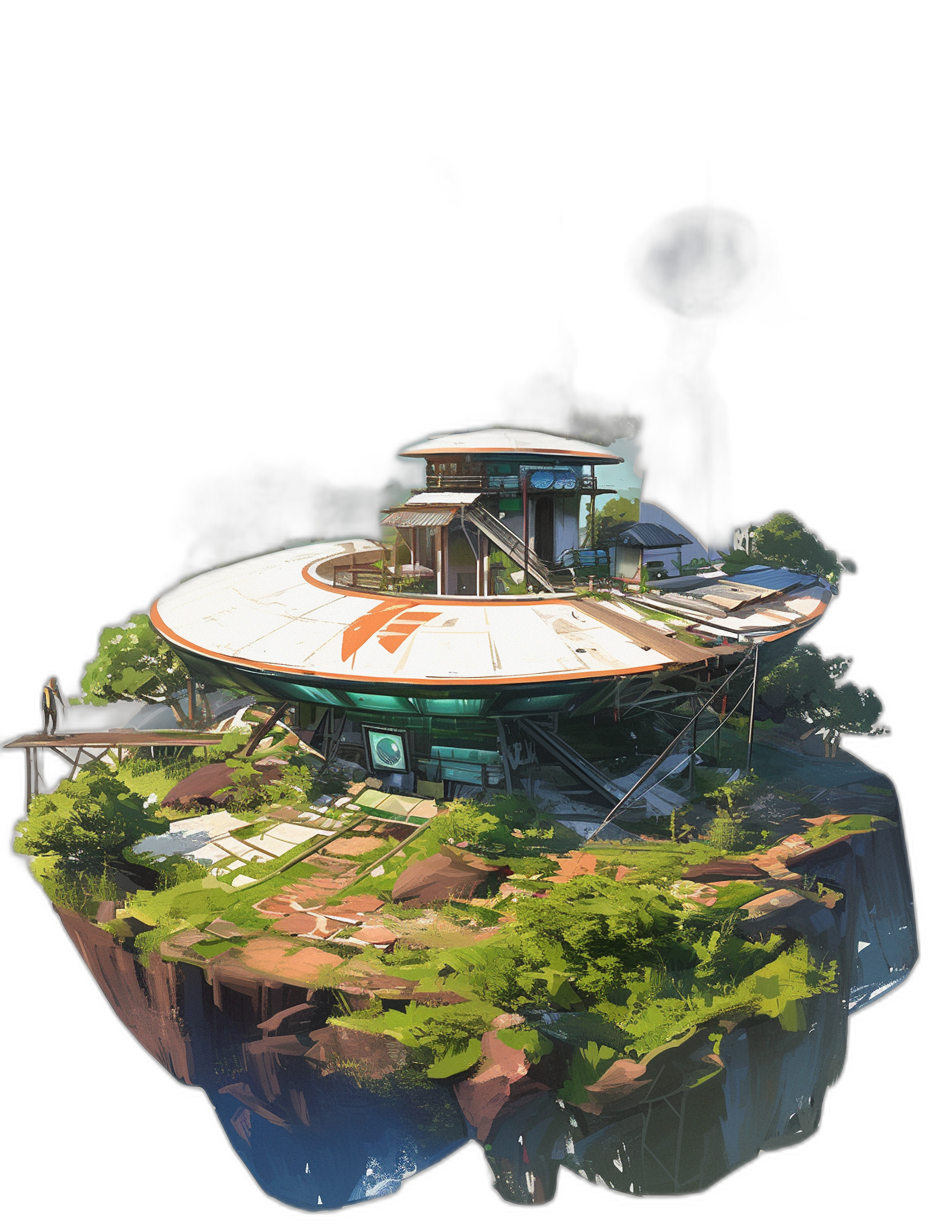 Concept art of the exterior of an underwater research station on top of a floating rock, with a green landscape and a white circular roof, floating in space against a black background, in the style of Fortnite.