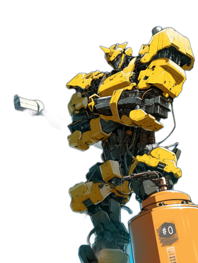 A yellow and black mega Madrid-style mecha robot holding the number "0" above his head, standing on top of an orange oil drum against a black background, in the anime style, a full body shot from a low angle perspective view at high resolution in a hyper realistic style.