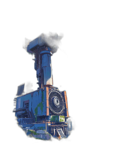 A cartoon train from the video game Rust is seen through an anime keyhole against a black background in a minimalistic illustration with simple lines and a dark blue and green color scheme featuring white highlights in the low poly style.