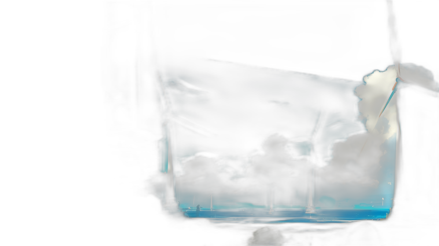 A black background with a window showing the ocean and wind turbines, dark blue smoke clouds in the style of speedpainting, concept art in the style of Game of Thrones, fantasy-inspired art, cartoonish realism, dark, light cyan, ambient lighting, soft shadows, wide shot, low angle, closeup