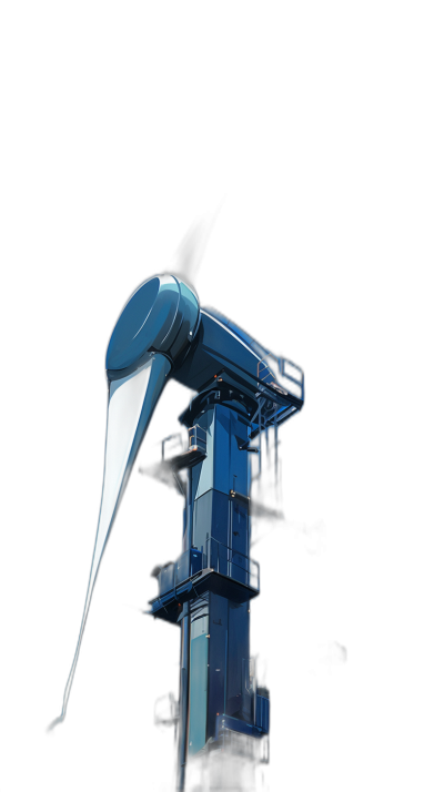 A wind turbine with a blue and white color scheme on a pure black background in a high resolution product poster style front view 3D rendering with high detail and no shadows or text in the picture.