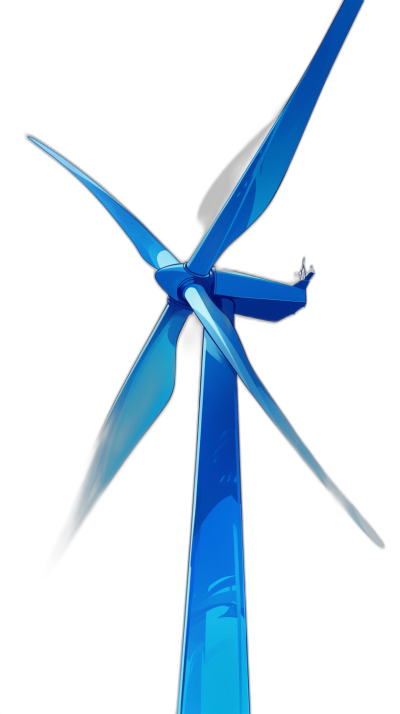 illustration of a wind turbine in blue color, 3D rendering with a black background, high resolution photographic style