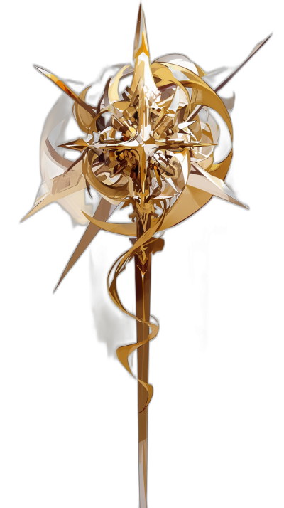 a golden staff with a star on top, sharp edges, spiral blade at the bottom, black background, fantasy art style, gilded and white gold, intricate details, detailed design, by [James Gurney](https://goo.gl/search?artist%20James%20Gurney), dynamic composition, hyper realistic, octane render, studio lighting, soft shadows, high resolution, trending digital artwork, full body shot, zoomed out, wide angle