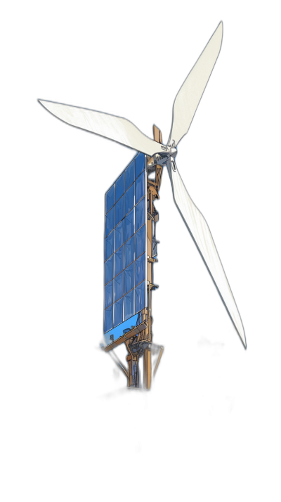 A solar-powered wind turbine with blue panels on the top and white wings, set against a black background. The fan is in motion, creating air flow to move the blades at its base. A pole stands directly below it holding two square photovoltaic crystals. In front of the rowing part there is an open space for carrying materials or equipment.