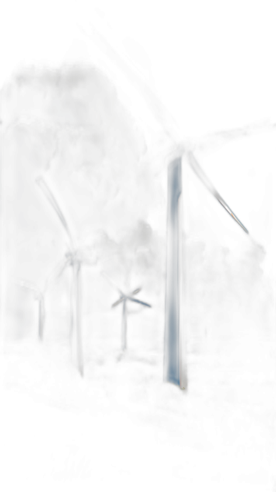 a digital painting of wind turbines in the dark with thick smoke coming out from behind them. The sky is black and it's night time. In front there should be three blue beam lights shining up into the air. It feels very mysterious, moody and dramatic. The background has to feel like you can see all kinds of different energy pillars or beams floating around in space. This scene needs to convey power and excitement.