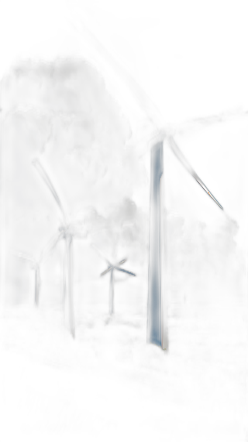 a digital painting of wind turbines in the dark with thick smoke coming out from behind them. The sky is black and it’s night time. In front there should be three blue beam lights shining up into the air. It feels very mysterious, moody and dramatic. The background has to feel like you can see all kinds of different energy pillars or beams floating around in space. This scene needs to convey power and excitement.