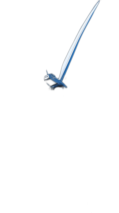 A sleek, white and blue airplane soaring through the night sky, leaving behind its trail of light on the black background, in a simple illustration style.