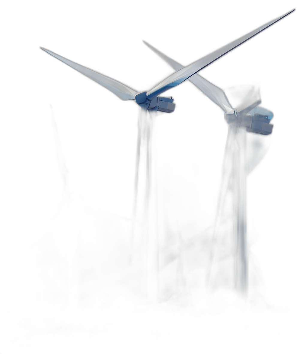 two wind turbines with blue frames on black background, digital illustration, minimalism, low angle shot, high contrast, glowing light effects, hyper realistic, octane render,