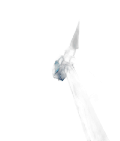 A simple low poly render of the tip and blade part of an arrow, pointing up in darkness. The blue glow from it is barely visible against the black background. Concept art and game design in the style of fantasy role-playing games.