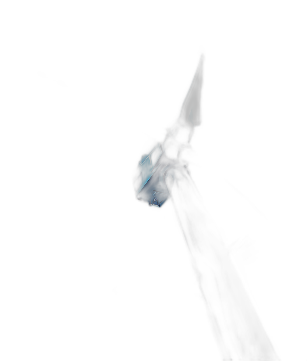 A simple low poly render of the tip and blade part of an arrow, pointing up in darkness. The blue glow from it is barely visible against the black background. Concept art and game design in the style of fantasy role-playing games.