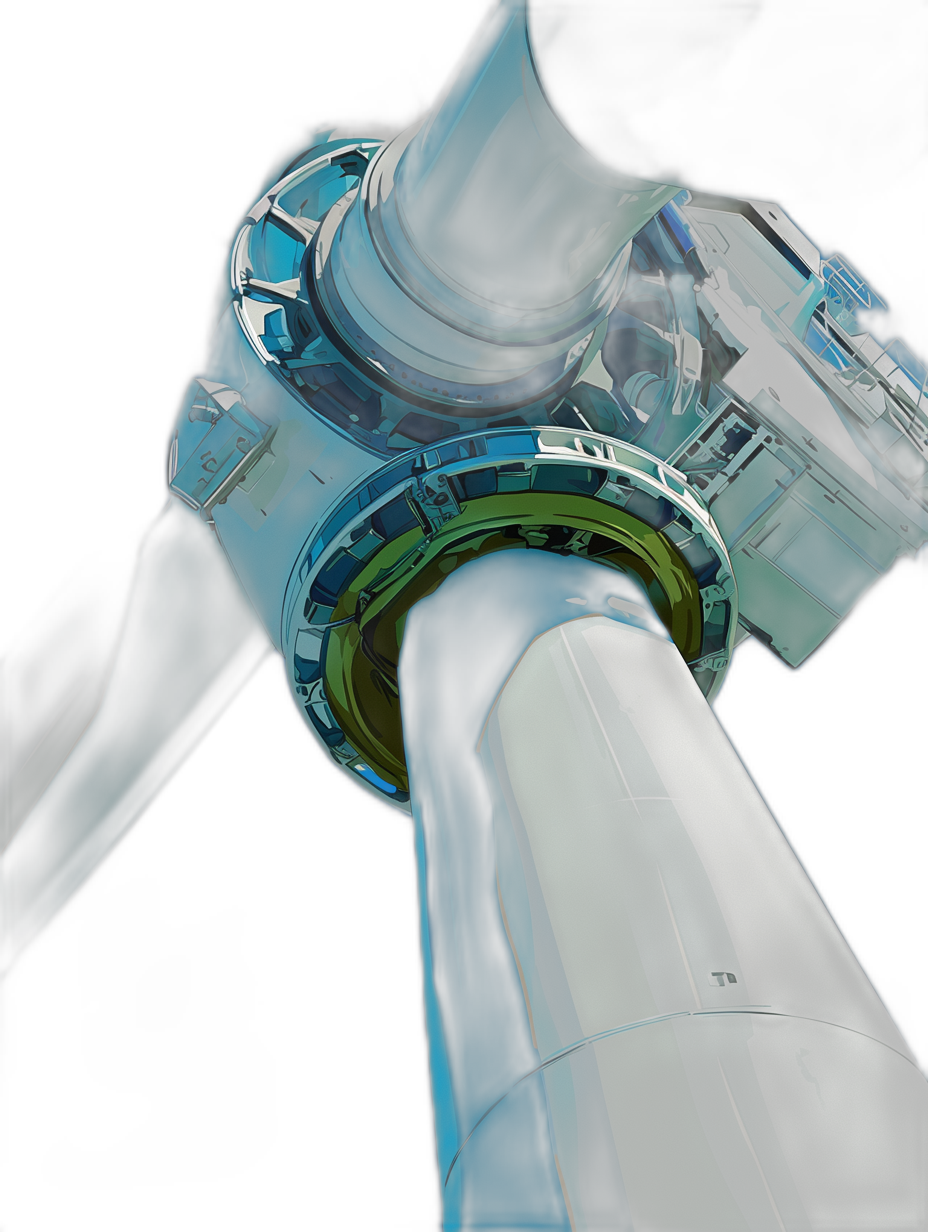 Closeup of the base and blade, showcasing their construction details. A wind turbine with blue and green accents against a black background. The perspective is from below looking up at its structure. Digital illustration with a focus on realistic textures and lighting effects. High resolution for detailed rendering. Low angle view to emphasize scale.