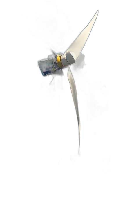 A wind turbine with an energy meter on it, flying in the air against a black background, in the style of hyper realistic photography.