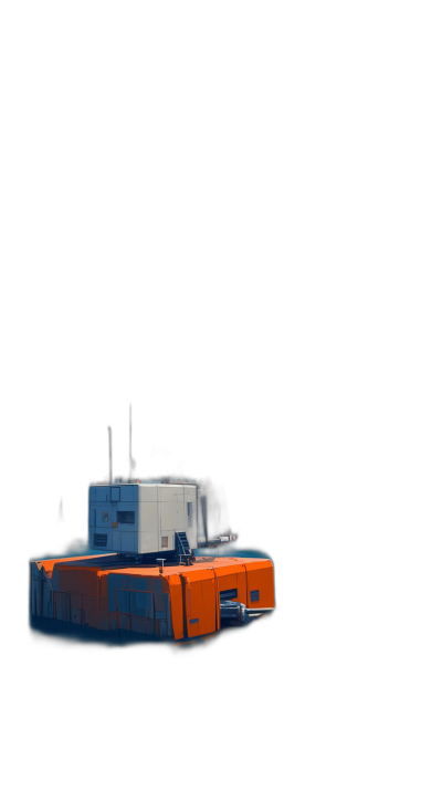 A minimalistic floating cargo ship in black background as a mobile phone wallpaper featuring orange and blue colors, low contrast, with no text, letters, typography or characters, in the style of Ivan Chermayeff.