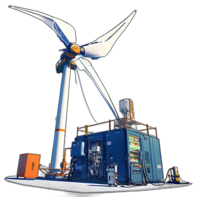 A wind turbine is depicted in front of an energy storage system with a battery pack and electric motor. The illustration is in the style of a 2D game art with a clean design and 3D render. It has a cartoon-like, high resolution and high detail depiction with a white, blue and orange color palette. The full body shot shows a wide angle and low camera perspective.