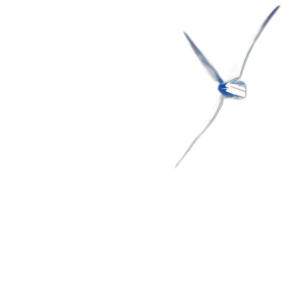 minimalist wind turbine flying in the air, simple lines, pure black background, dark blue light, white and blue color scheme, minimalism, closeup, real photography, studio lighting,