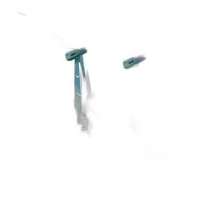 Two small blue and green spaceships floating in the darkness, viewed from below against a dark background, in a minimalist style.