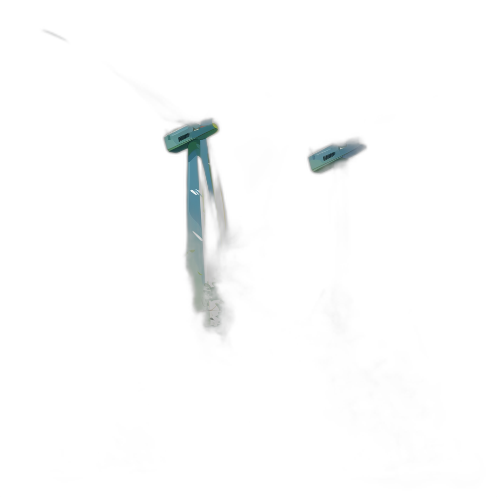 Two small blue and green spaceships floating in the darkness, viewed from below against a dark background, in a minimalist style.