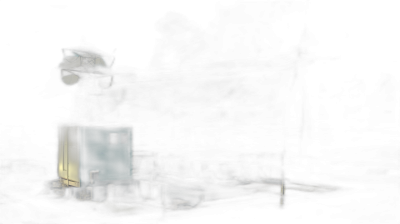 A dark night scene with a small blue building illuminated by streetlights, in the background is an industrial warehouse, illustrated in the style of 'Beastie Warrior', with a simple illustration style and a sense of darkness, no text or letters appear on screen. The overall composition conveys an atmosphere full of mystery and horror.