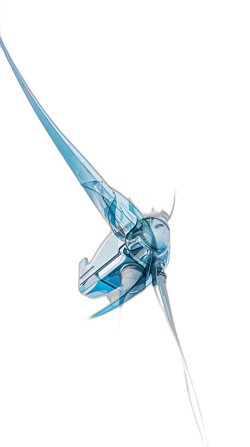 A flying machine in the style of M williamson architecture studio, minimalistic style, cyan and white lines on a black background, depicting futuristic technology, depicting high speed flight with wings, inspired by the design of M williamson architecture studio, a front view from a low angle shot, closeup, simple background, no other elements in the frame, hyperrealistic in style.