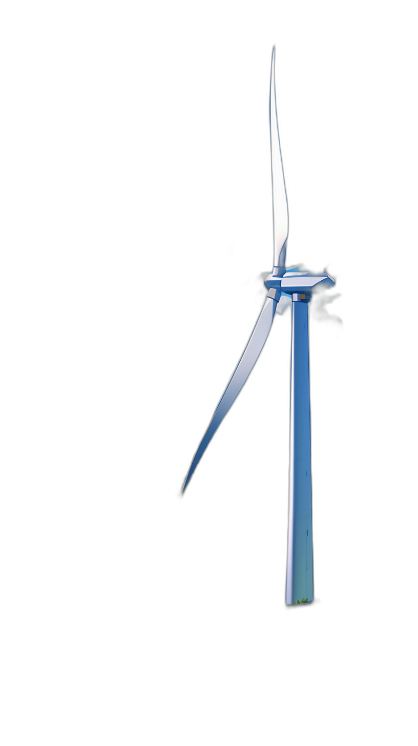 A wind turbine with blades made of blue glass, against black background, minimalist, simple, elegant, high resolution, volumetric lighting, cinematic, stunning, hyper realistic