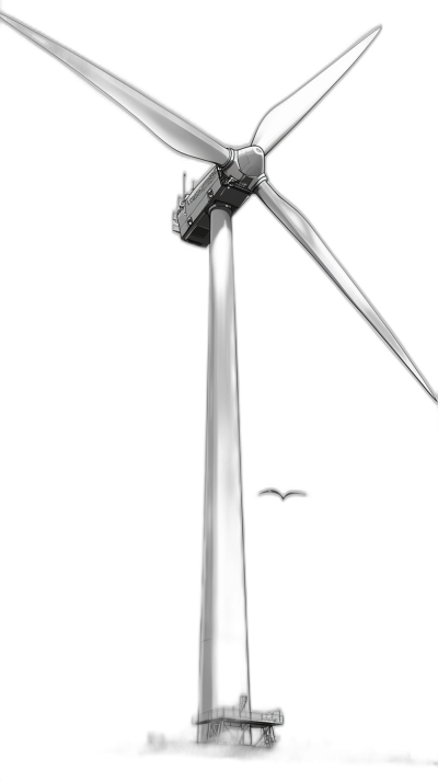 black and white illustration of a wind turbine, high contrast, black background, simple, low details, wide angle, side view, symmetrical composition, with a seagull flying in the sky, frontal view, isolated on a solid color background, in the style of [Peter Gric](https://goo.gl/search?artist%20Peter%20Gric), vector art, smooth lines, sharp focus, studio light, high resolution photography, detailed, black and white