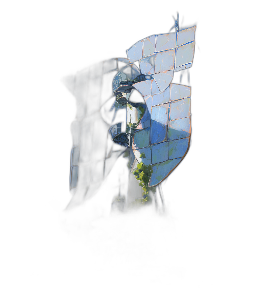 Abstract logo of an abstract tower made from solar panels with black background, silhouette of the figure seen through broken glass windows, low angle view, strong backlighting creating deep shadows and light rays in front of it, blurred image, double exposure effect, greenery visible behind the building, blue tones, sense of depth and contrast between reality and illusion, surrealistic style, digital art, high resolution