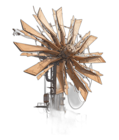 A hyper realistic photo of an organic windmill, made from wood and silver metal. The wind turbine is shaped like the petals on top of a sunflower with wooden blades spinning inside it. It's placed in front of a black background. There should be no shadows or reflections on the ground. In the style of futuristic architecture photography.