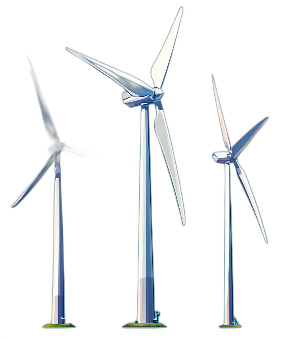 Three wind turbines, vector illustration, black background, white and blue color scheme, high resolution, high quality, high detail, high definition, high contrast, high dynamic range,