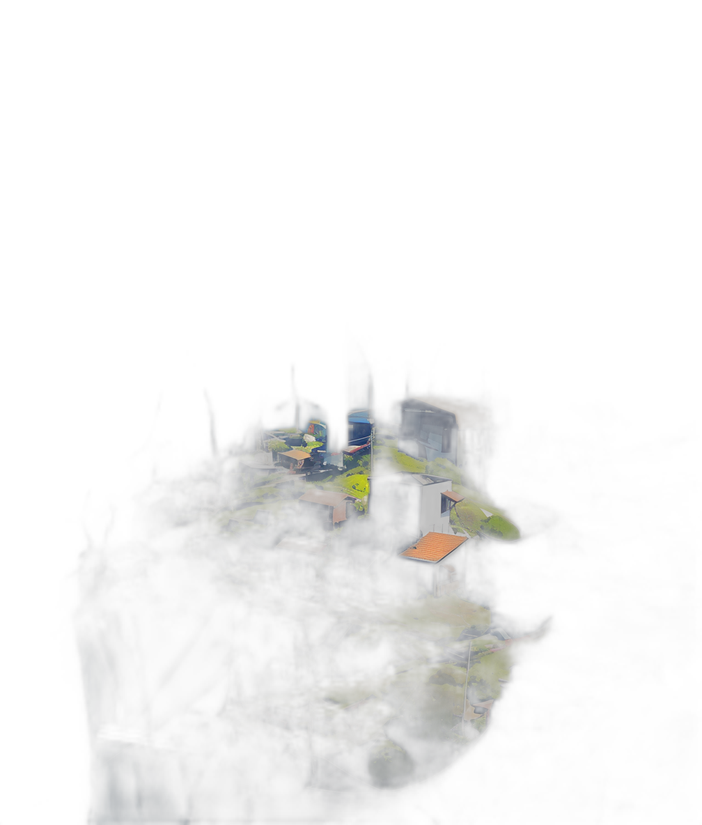 A small village on top of an island, seen from above in darkness with a dark black background, in the simple low poly style.