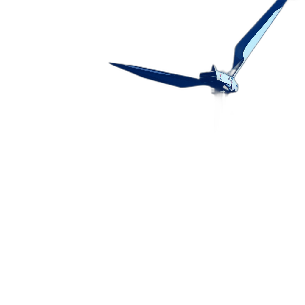 3D render of white and blue colored simple geometric shaped long winged drone flying in a black background, in a low angle shot, in the style of minimalistic style, with dark shadows, with contrast lighting, with no gradients, with sharp focus, at a high resolution