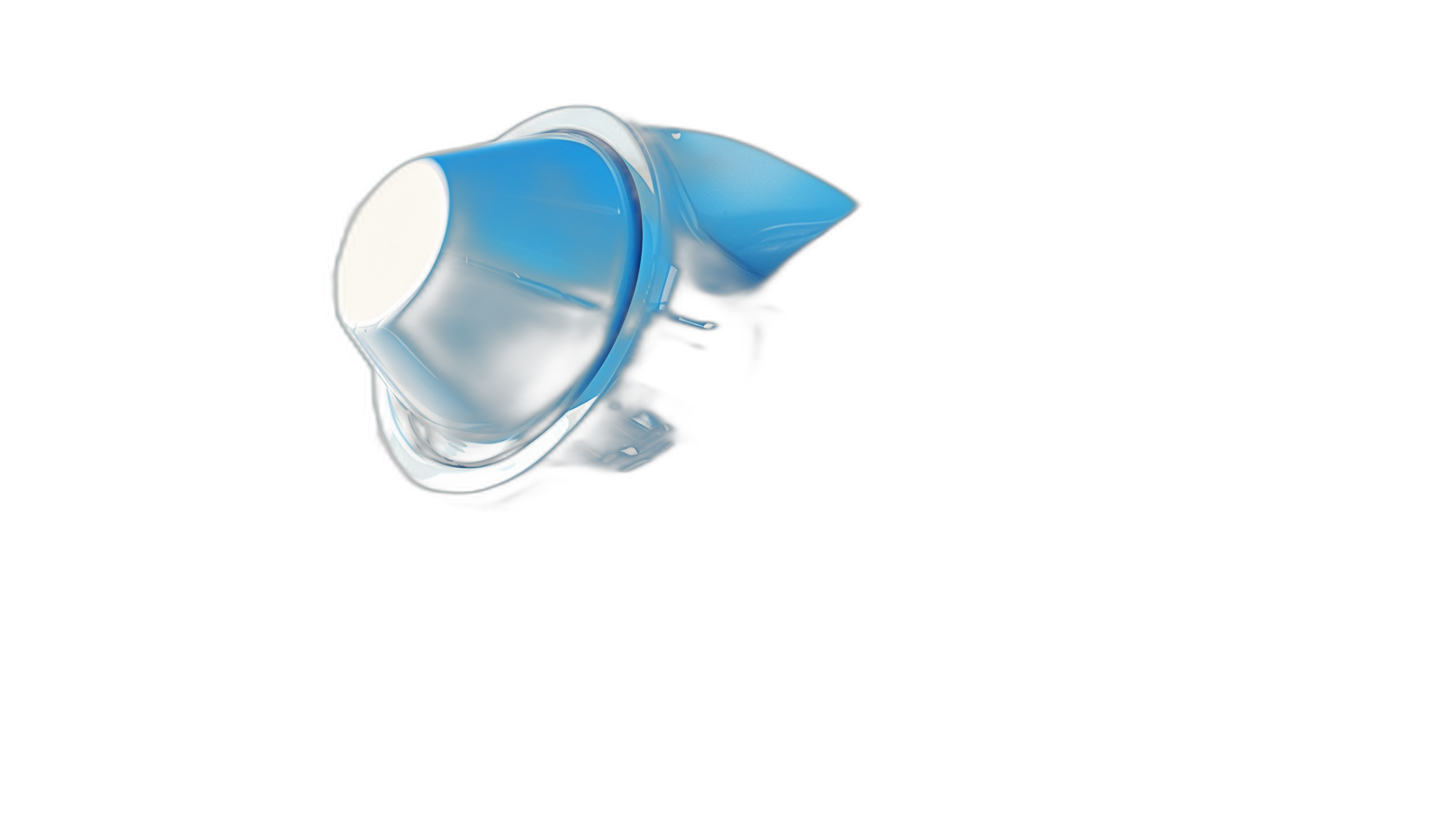 A blue cosmetic cap floating in the air on a black background, in a studio shot, photorealistic in the style of 35mm lens.