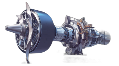 3D rendering of an aircraft engine, with a complex mechanical structure inside the liquid cooled air turbine. The front and side views display detailed cutaway images of internal components. It is set against a black background, creating high contrast between light blue metal surfaces and dark space. This scene showcases a futuristic design style that emphasizes engineering precision in airport technology in the style of Code40.