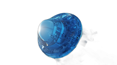 3D render of a blue transparent futuristic space capsule on a black background, in a low angle view, with high resolution photography.