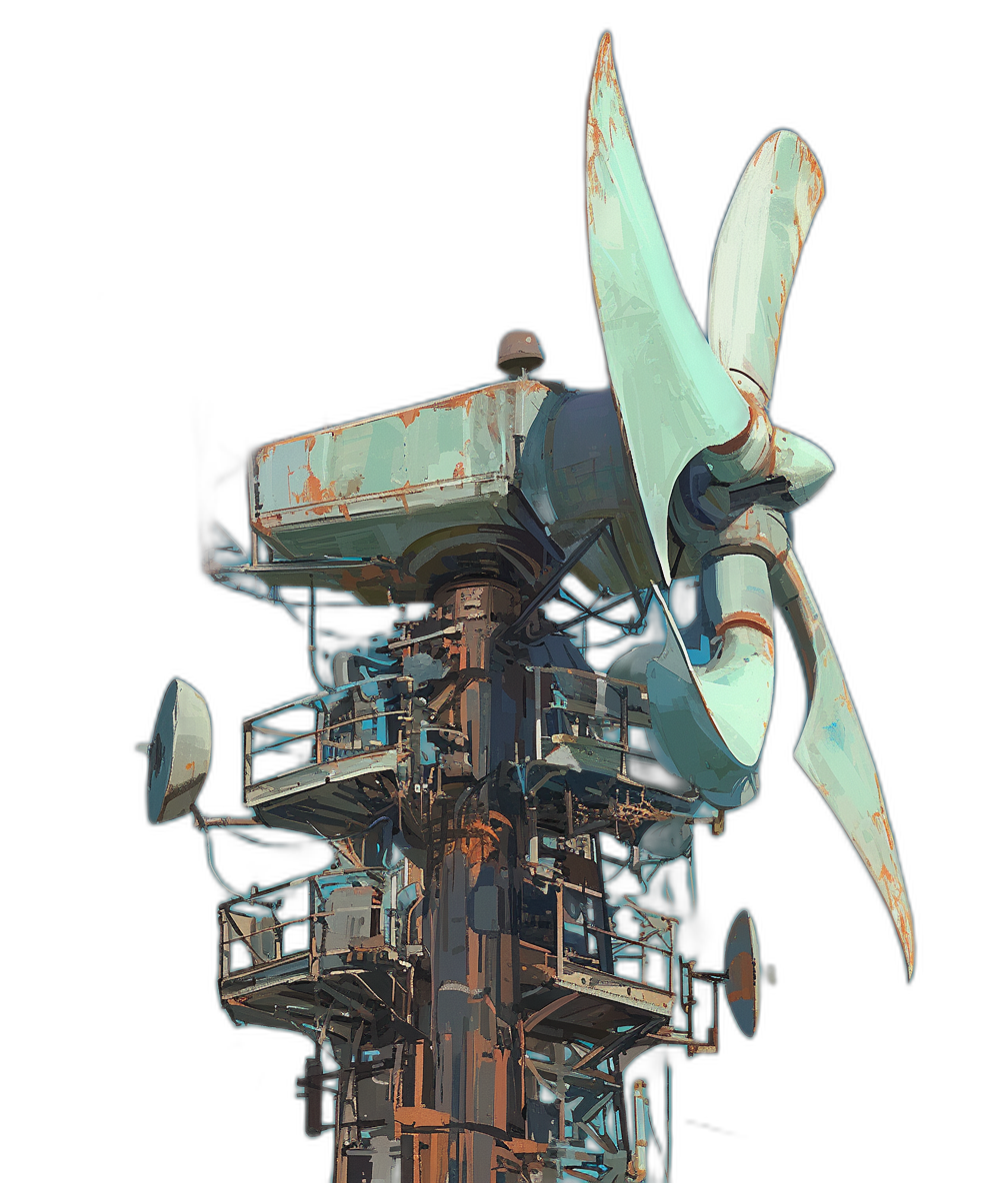 A tall, slender wind turbine with two large blades on top and bottom. The teal metal tower is covered in rust, creating an industrial look. A small platform sits at the base of each blade for people to stand or sit. In the style of concept art. Isolated black background.