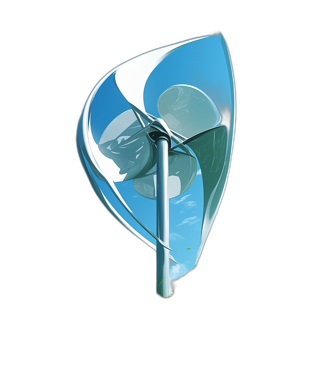 A blue and white wind turbine in a futuristic style with a cartoonish design, viewed from a high angle against a black background, with glass-like material fan blades reflecting the blue sky on their translucent surfaces, in high resolution product photography with clean sharp focus.