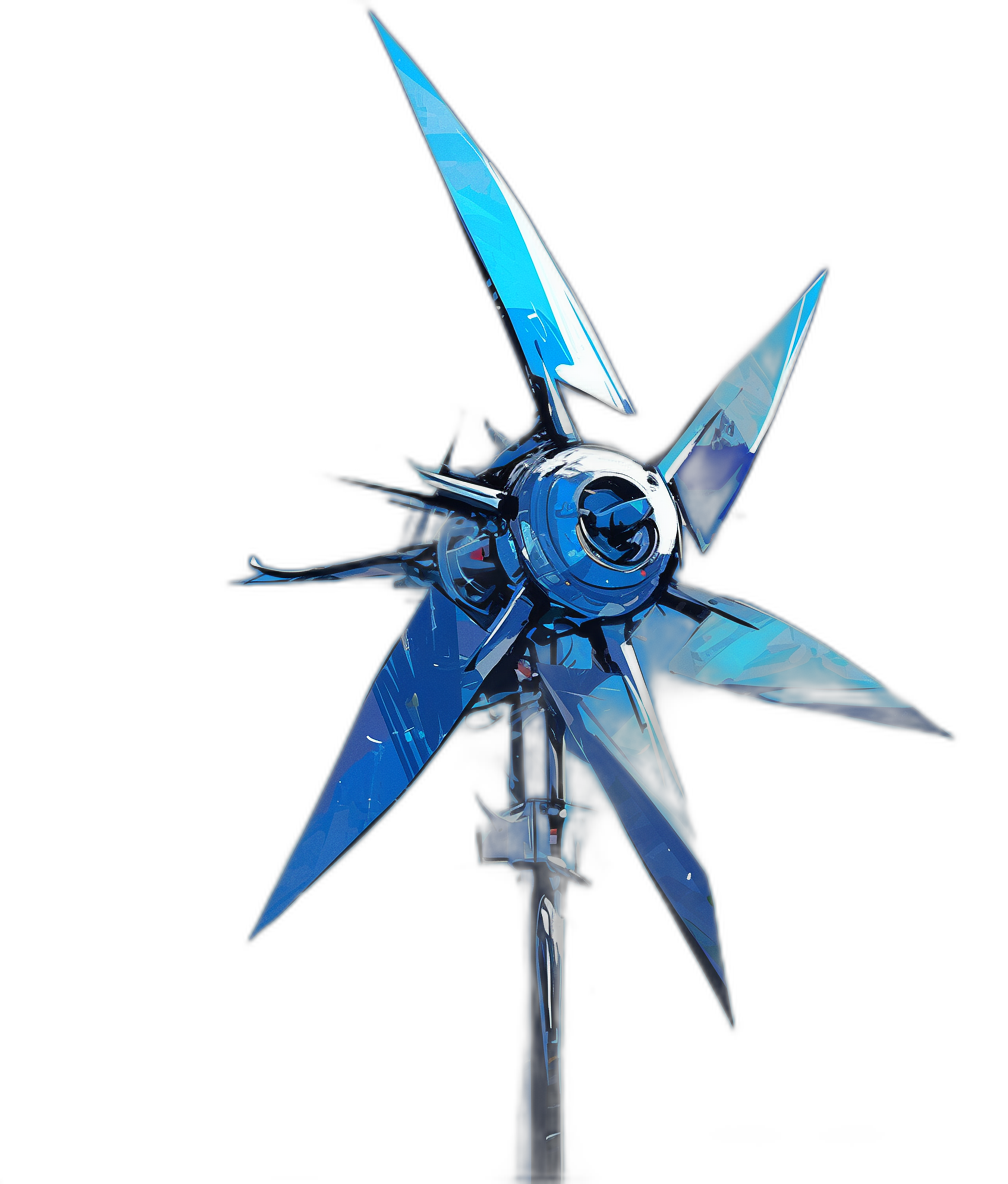 A blue glass wind turbine with five blades, solid black background, bright studio lighting, closeup, product photography, hyperrealistic, hyperdetailed, hyperresolution, high detail, sharp focus, hyperrealism, cinematic