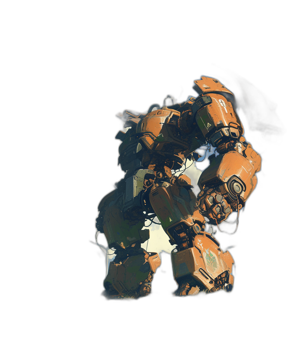 A dark black background with a small orange and white mech in the middle of it, in the style of game art. A silhouette of an epic character from Overwatch in front of him, low poly, low resolution, low details, in the style of GTA graphics, low contrast.