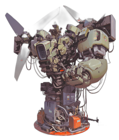 concept art of the engine, head and wings from a mech robot with a black background, the main part is made up of large fans on top and below, it has many wires connected to an orange box at its base, the parts have a military style in the style of olive green color with gray accents, there's no text or numbers on them, they also have small lights around their edges, it’s a 3D render at high resolution